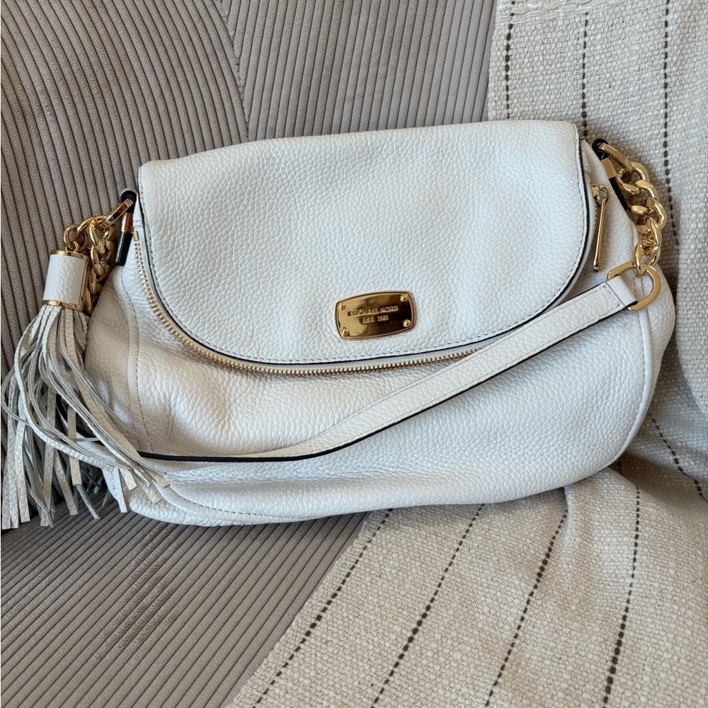 Michael Kors White Pebbled Leather Shoulder Bag with Tassel